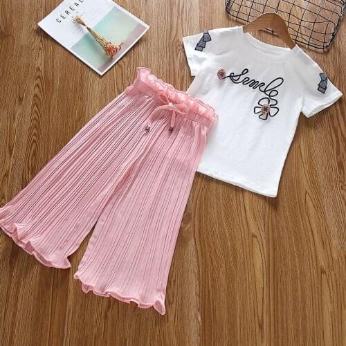 Children Girls Summer Clothing Set Fashion 2pcs Princess Suits Flowers Tees Shirts+pleated Pants,Girl Baby Clothes Overwear