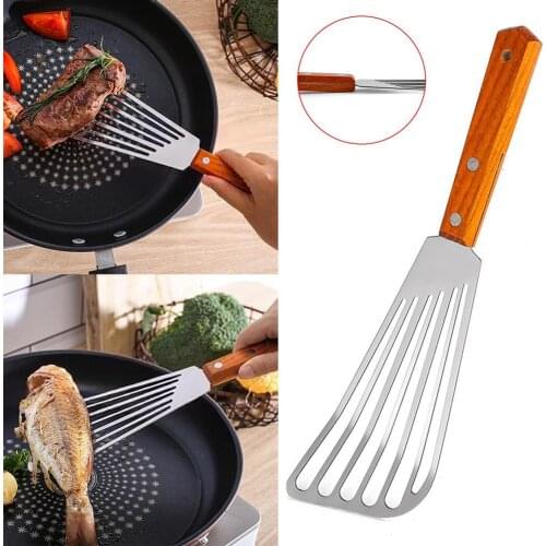 Kitchen Non-slip Stainless Steel Frying Spatula Leaky Shovel Fish Slice Cookware Wood Non-slip Rust-proof Great for Everyday Use