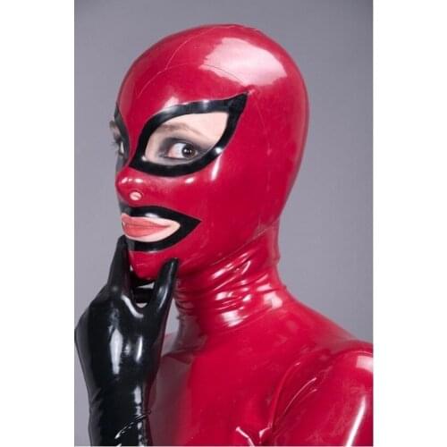 Latex Red Hood Fetish Rubber Mask 0.4mm Thickness Latex Rubber Skin Tight Mask With Back Zip