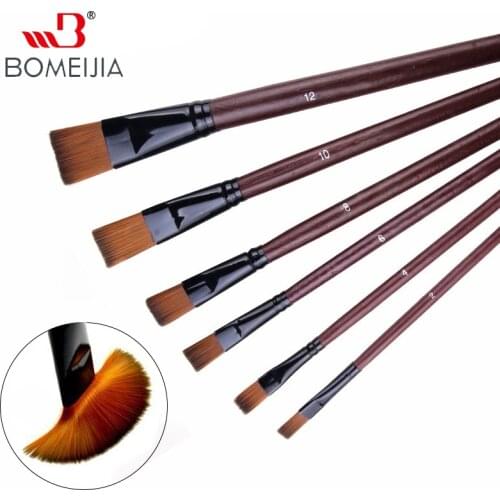 6Pcs/Set Flat Brush Nylon Hair Wooden Penholder Watercolor Acrylic Oil Paint Brush Set For Drawing Painting Craft Art Supplies