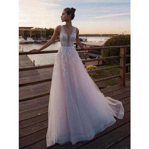 Backless Wedding Dresses A-line V-neck Tulle Appliques Lace Boho Dubai Arabic Wedding Gown Bridal Dress Vestido De Noiva