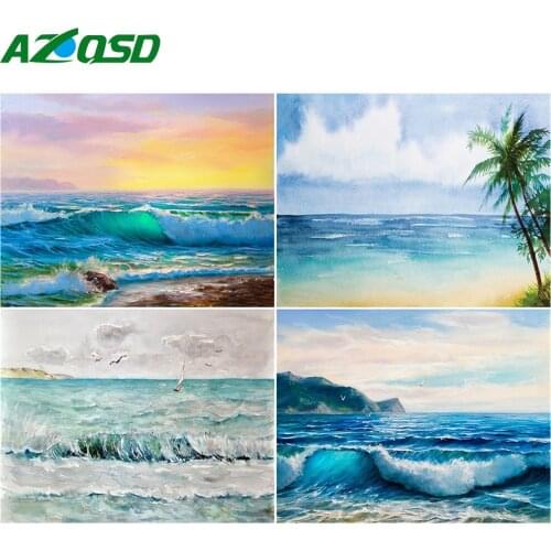 AZQSD Painting By Numbers Seaside Drawing On Canvas Acrylic Paint Unframe Pictures By Numbers Landscape Decor For Home