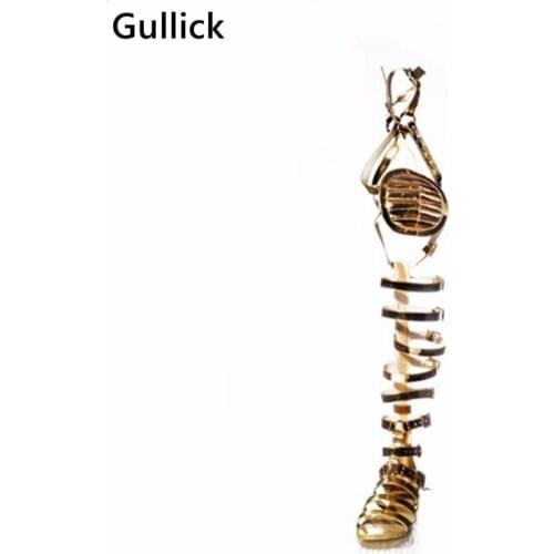 Hot Selling Over the Knee High Gold Cut-outs Gladiator Boots Summer Design Buckle Strap Thigh High Boots Flat Sandal For Women