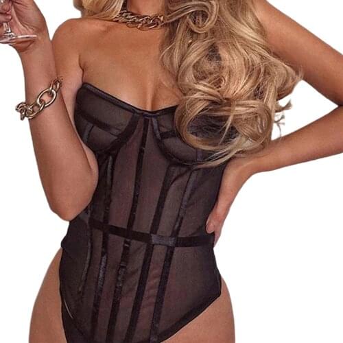 Sexy Womens Black Off-Shoulder Sleeveless Bodysuit Strapless Jumpsuit Lace See-Through Underwear with Lines Striped