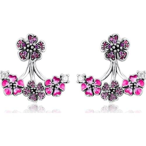 925 Sterling Silver Earrings Jewelry Peach Blossom Flowers Stud Earrings for Women Pink Color Crystal Earrings Girl Jewellery