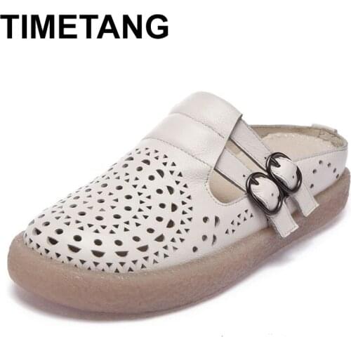 TIMETANG Women Genuine Leather Mules Hollow Out Slippers Women Summer Shoes Retro Brand Handmade Flat Heels Women SlippersE780