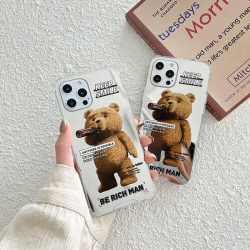Funny smoke doll toy bear phone case for iphone 12Pro max 7 8 Plus Xs Xr Max 11Pro max 12 Mini makeup mirror silicone back cover