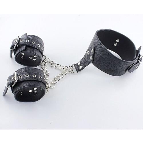 SODANDY Wrist Cuffs And Slave Collar Handcuffs Leather Fetish Hand Shackles Femdom Bondage Suit Sex Torture Sex Toys For Woman