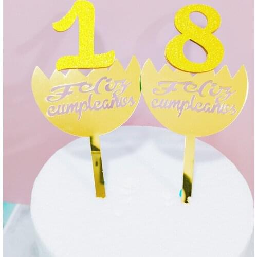 Spanish Happy Birthday Cake Topper Gold Numbers Feliz Cumpleanos Acrylic Cake Topper For Birthday Party Cake Decorations 16cm