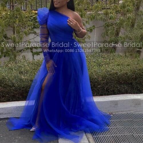 A Line One Long Sleeves Bridesmaid Dresses Royal Blue Tulle For Women High Split Floor Length Wedding Guest Dress Party