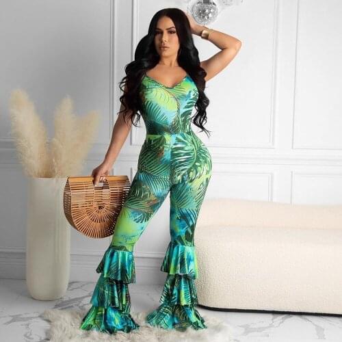 VAZN 2021 Hot Shinny Green Print Slim Sleeveless Chiffon Sexy Club Holiday Joker Women High Waist Wide Leg Jumpsuits