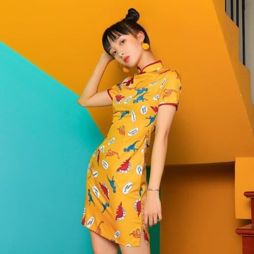 Cartoon print party dress Cheongsam dress women Vintage dress Chinese style elegant dress women dress bodycon dress Slim dress