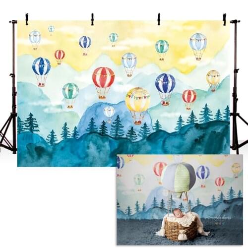 Hot Air Balloon-Newborn Portrait Photography Background Up Up And Away Watercolor Background Toddler Kids Photo Studio Backdrop