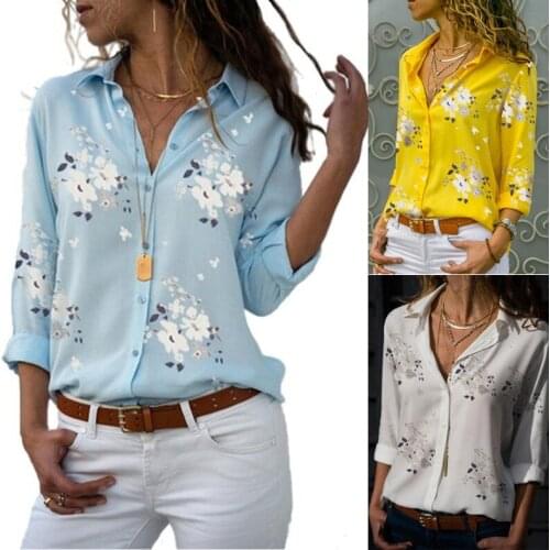 Women Tops Blouses 2020 Autumn Elegant Long Sleeve Print V-Neck Chiffon Blouse Female Work Wear Shirts Plus Size 5XL Lapel Blusa