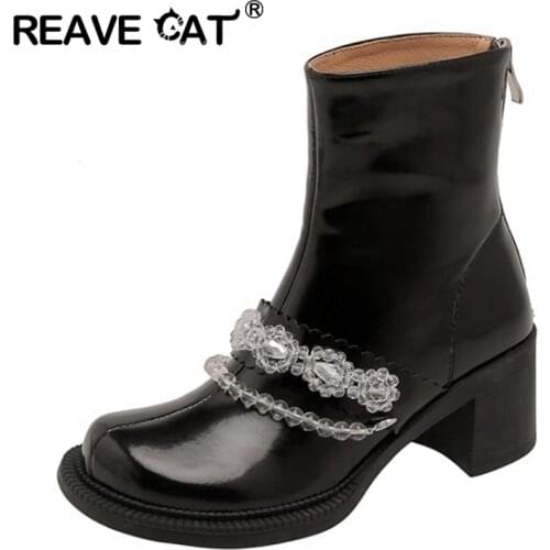 REAVE CAT Chelsea Boots Chunky Boots Women Winter Shoes Genuine Leather Plush Ankle Boots Female Autumn Rhinestone Flower Chain
