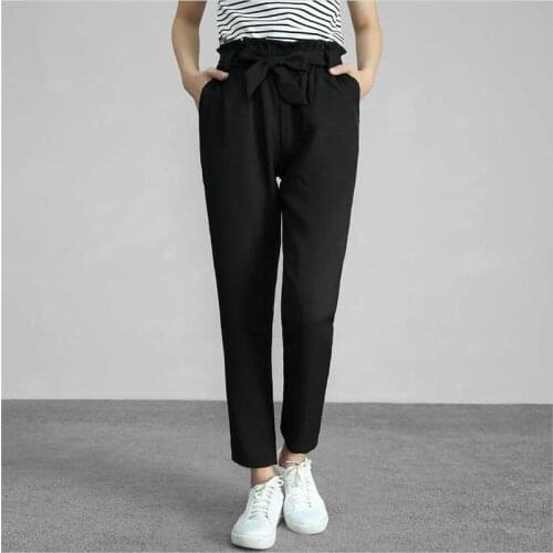 Office Lady Solid Chiffon Harem Pants Black Ruffles Sashes Bow Ankle-Length Pants With Pocket Plus Size Pants Female M-7XL