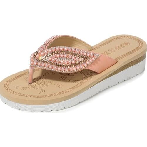 2021 Summer Women Wedge Sandals Pearl Leaves Flip Flops Sandals Vintage sandalias de mujeres Female Platform Beach Shoes WSH3989