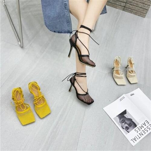 Korean fashion summer new fashion mesh breathable square toe high heels stiletto strap female sandals