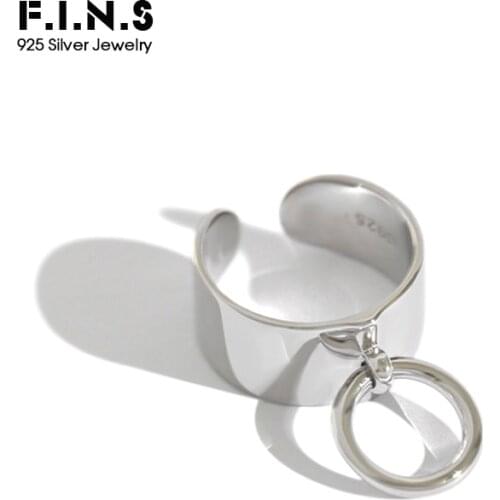 F.I.N.S 925 Sterling Silver Rings for Women Wide Female Ring with Circular Pendant Open Cuff Adjustable Ring Womens Decoration