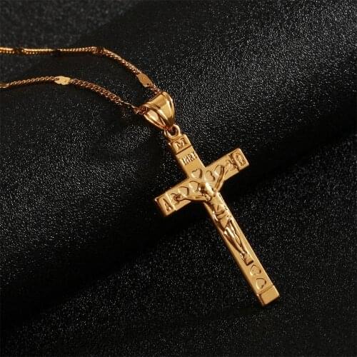 Gold Color Jesus Crucifix Cross INRI Pendant Necklace with Engraved Chain Jewelry