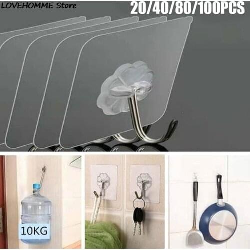 20pcs/40pcs Transparent Seamless Hooks Metal Wall Hooks For Home Heavy Self Adhesive Hooks