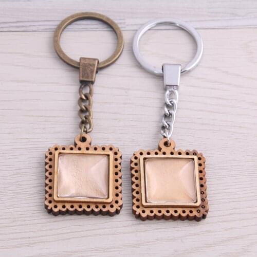 SWEET BELL 6pcs 20mm Square Wood Cabochon Settings Metal Keyring Accessories Diy Blank Wooden Base Trays For Key Chain