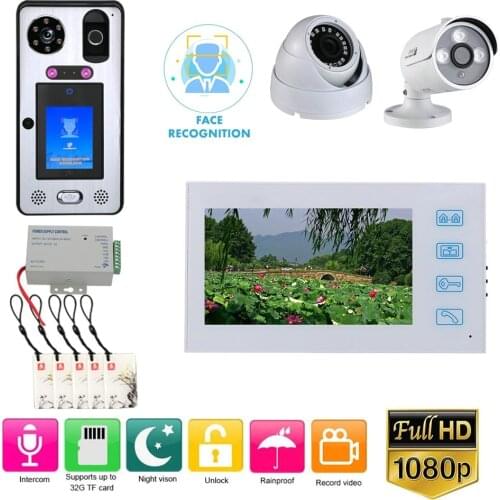 7'' Record Wired Video Door Phone Doorbell Intercom System with Face Recognition Fingerprint RFIC 1080P and 2CH Security Camera