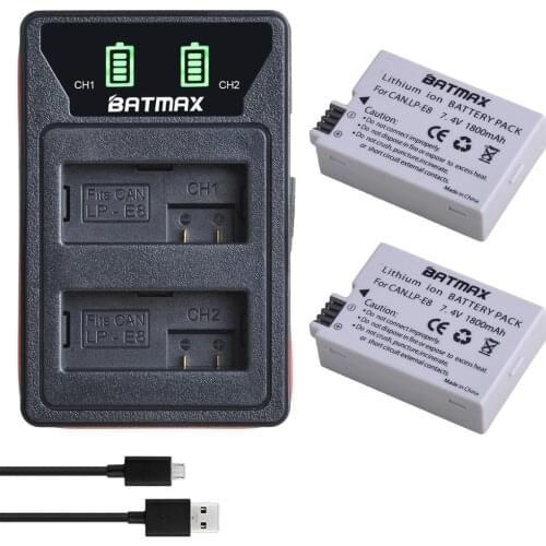 Batmax LP-E8 LPE8 Camera Battery+LED USB Dual Charger with Type C Port for Canon Rebel T2i T3i T4i T5i EOS 550D 600D 650D 700D