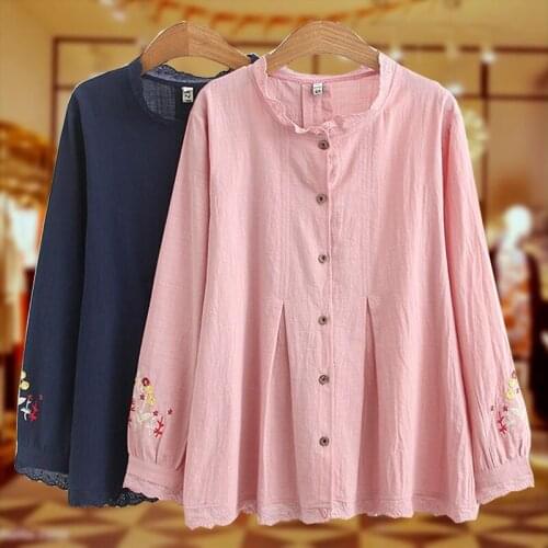 2021 New Arrival Spring/autumn Women Loose Casual Long Sleeve Floral Embroidery Blouse Ruffled Collar Cotton Linen Shirts W78