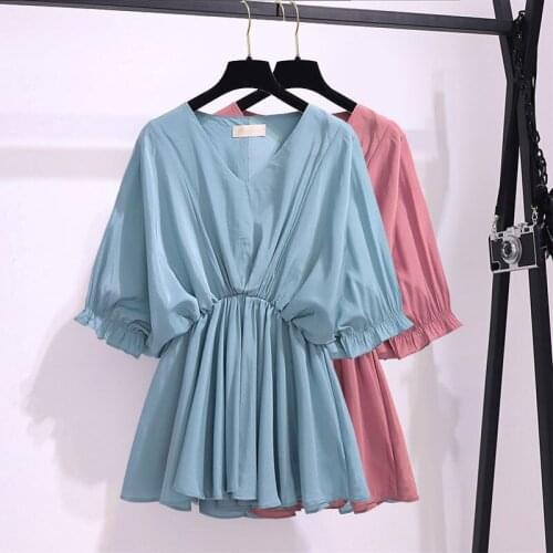 Large Size L-4XL Womens Summer Long Blouse 2021 Summer New Korean Loose Fashion V-neck Lady Short Sleeve Thin Tops aq956