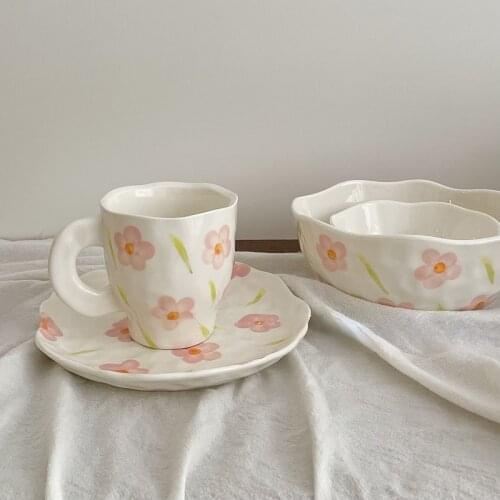 Flowers Ceramic Tableware Mug Plate Salad Bowl Coffee Cup Dinner Plate for Food Coffee Mug Ceramic Plates