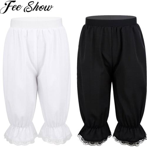 Kids Girls Victorian Pantaloon Dance Costume Solid Color Lightweight Loose Lace Trim Bloomers Comfy Elasticated Waistband Shorts