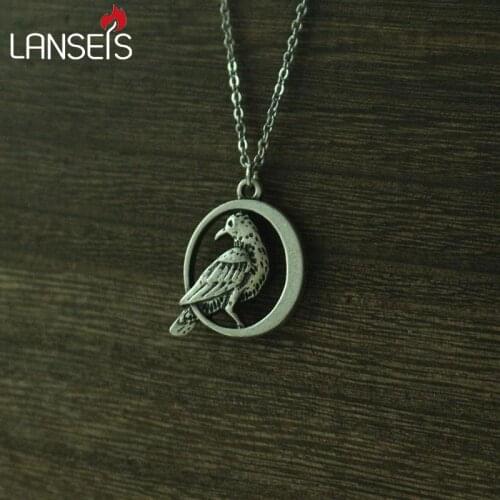 Lanseis 1pcs Double sided raven necklace Black Bird In Moon Crow Warrior Odins pendant art handmade jewelry