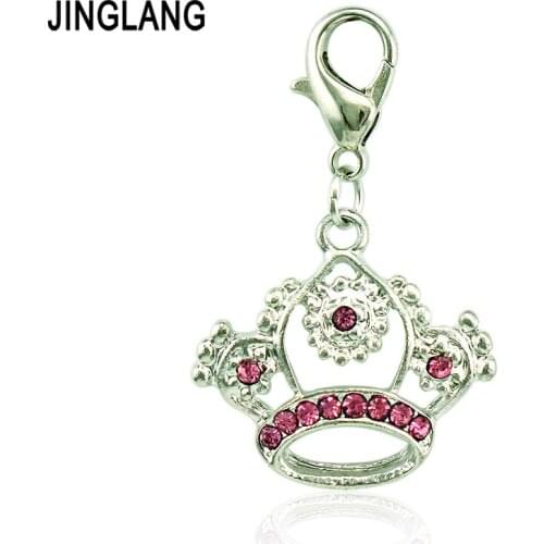JINGLANG Fashion Lobster Clasp Charms Dangle Rhinestone Pierced Crown Pendants Charms For DIY Jewelry Making Accessories