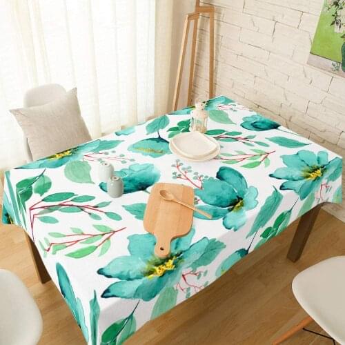 Summer Flower Watercolor Fabric Table Cover Tabletop Cloth for Dining Room Kitchen Green