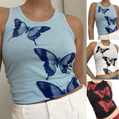 Tank Tops Sexy Crop Vest Y2K Sexy Butterfly Print Harajuku Korean Female Off Shoulder Summer Sleeveless Vest Streetwear