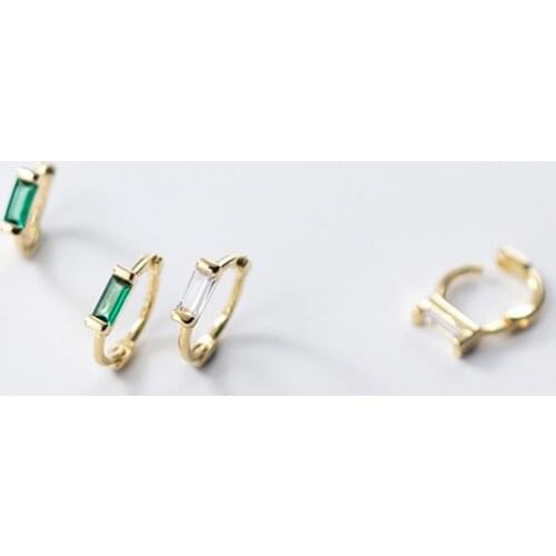 Cute 100% Authentic 100% 925 Sterling Silver fine Jewelry Green Emerald Square Cube Hoop Huggie Earrings 8mm 10mm