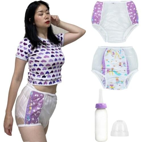 3PCS abdl adult diapers purple semi-printed panties pvc reusable panties onesize ladies panties ddlg adult feeding bottle Nipple