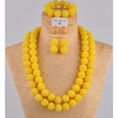 In fashion 2 strand nigerian necklace 24 inches imitation pearl bead yellow jewelry set african wedding beads
