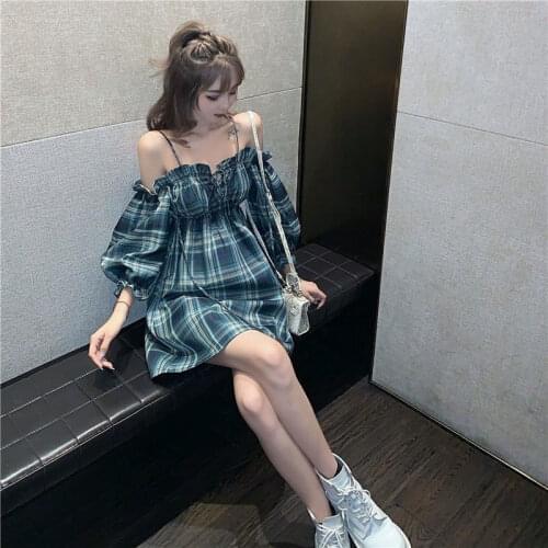 Spring 2021 New French Style off-the-Shoulder Strap Puff Sleeve Fairy Dress Retro Waist-Controlled Tartan Skirt Children