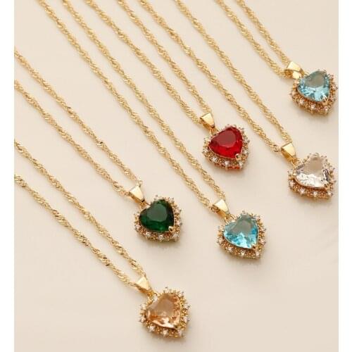 New Heart Crystal Pendant Necklace Gold Color Chains Natural Stone Colorful Zircon Necklace for Women Girl Boho Necklace Jewelry