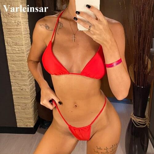 New Sexy Halter Tiny Thong Bikini Women Swimwear Female Swimsuit Two-pieces Bikini set Padded Mini Bather Bathing Suit V2477R