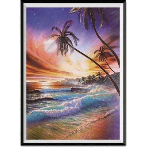 Landscape Rural Woods Beach Flowers Printed Water-Soluble Canvas 11CT Cross-Stitch DIY Embroidery Set DMC Threads Magic