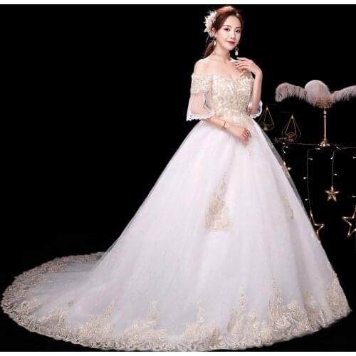 Luxury Train Wedding Dress Bride Trailing Wedding Dresses Lace Up High Waist Bridal Dress Embroidery Ball Gowns