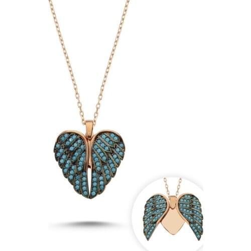 Silver 925 Sterling Wing & Heart Nano Turquoise Gemstone Moving Necklace