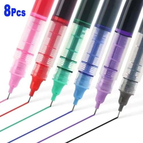 8Pcs/Set 0.5mm Fine Roller Ball Pen Large Capacity Blue Red 8 Color Ink Straight Liquid Gel Pen Smooth Writing Stationery Handle
