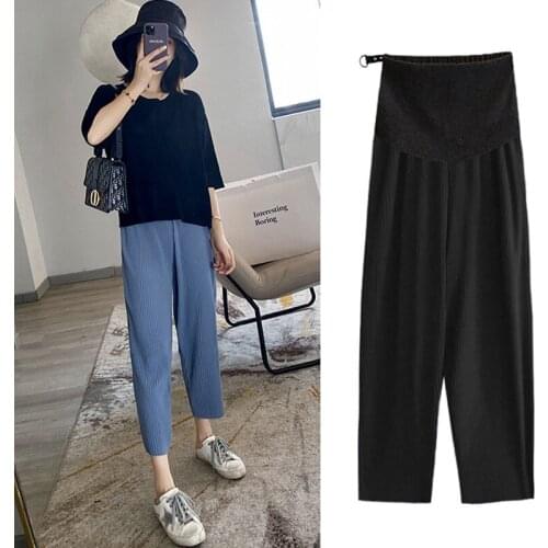 Chic Ins Pleated Chiffon Maternity Pants 9/10 Length Loose Straight Belly Pants Clothes for Pregnant Women Summer Pregnancy