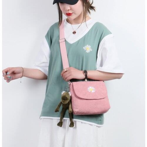 Women Stripes Corduroy Bags Daisy Embroidery Canvas Crossbody Bag Zipper Shoulder & Messenger Bag Small Flap Purse For Girls