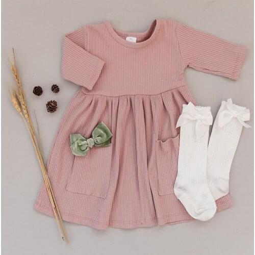 Spring Autumn Children Baby Girls Dress Ribbed Knitted Ruffles Dresses Princess Pocket Casual Dress Daily Kids Dresses For Girls