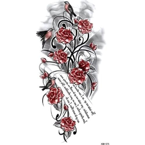 Rose Flowers Birds Letters Temporary Tattoo for Women Girl Large Size Fake Tattoos Stickers Waterproof Tatoo Body Transfer Tatto